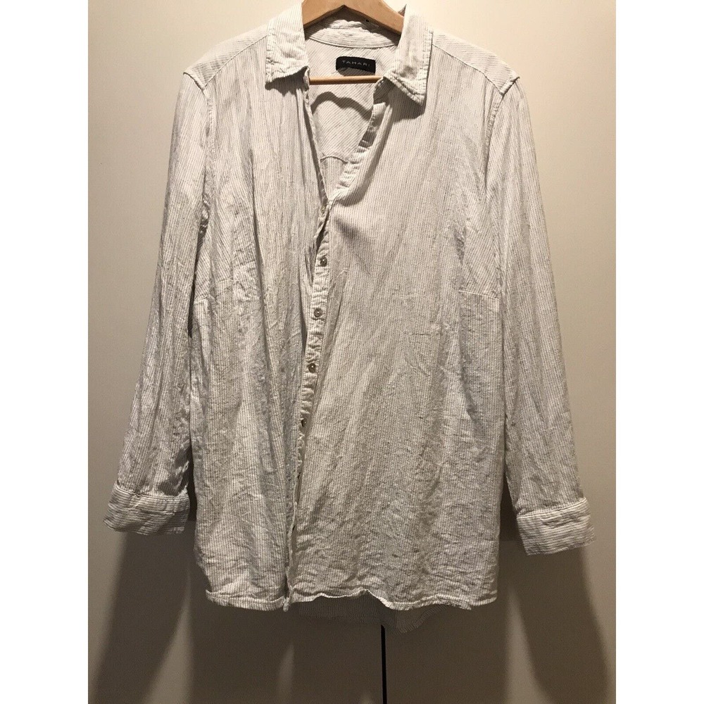 Tahari Shirt White w Light Blue Strips Buttons Long Arm Plus Size 3X